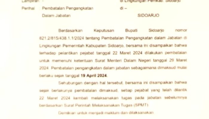 Sebagai Bentuk Ketaatan Pelantikan 22 Maret 2024 di Lingkungan Pemkab Sidoarjo Dibatalkan