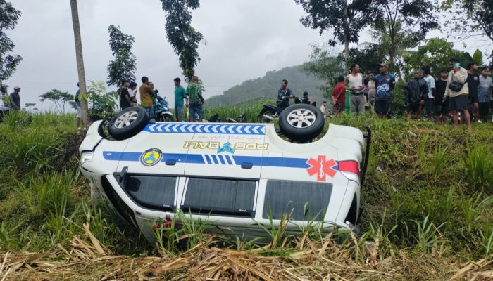 Ambulance Pembawa Jenazah Terguling di Jalur Lintas Selatan Pasirian, Polisi dan Warga Lakukan Evakuasi