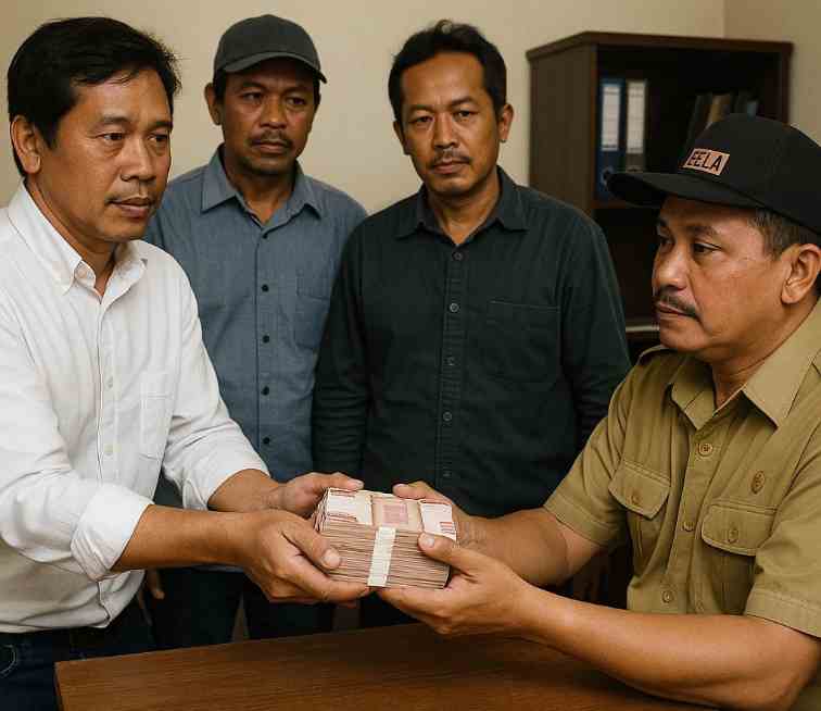 FOTO: Ilustrasi Kapala Desa Lapa Laok, Imam Ghazali Tengah menerima segepok uang dari hasil swadaya pengusaha tambak