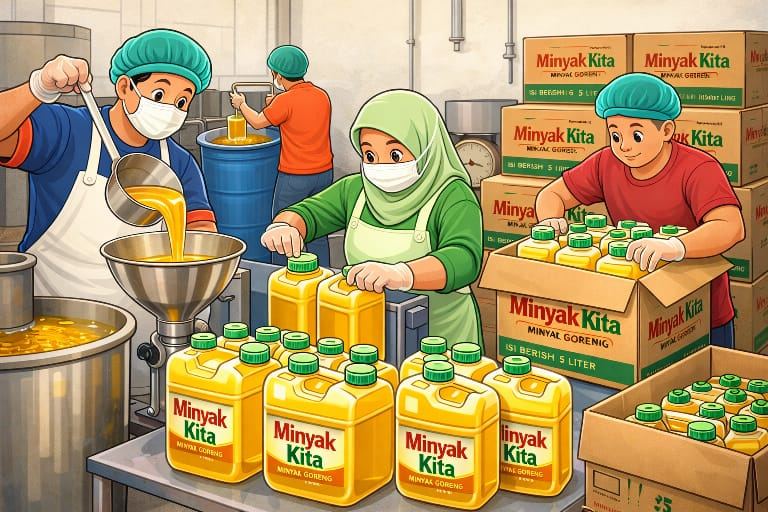 FOTO: Ilustrasi sejumlah karyawan tengah melakukan praktik pengemasan ulang minyak goreng curah menggunakan kemasan bermerek Minyak Kita