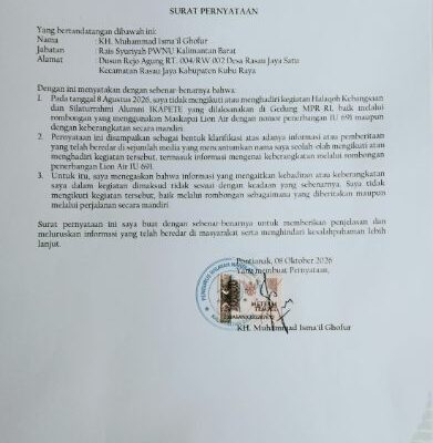 FOTO : Surat pernyataan resmi dari KH Muhammad Isma'il Ghofur (Rais Syuriyah PWNU Kalimantan Barat) tertanggal 8 Oktober 2026