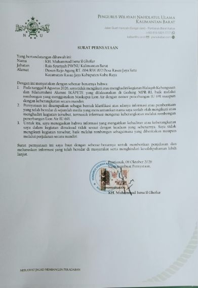 FOTO : Surat pernyataan resmi dari KH Muhammad Isma'il Ghofur (Rais Syuriyah PWNU Kalimantan Barat) tertanggal 8 Oktober 2026