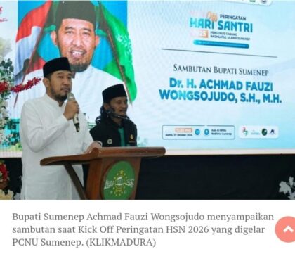 FOTO : Bupati Sumenep saat memberikan sambutan di Peringatan HSN 2026 yang digelar PCNU Sumenep.