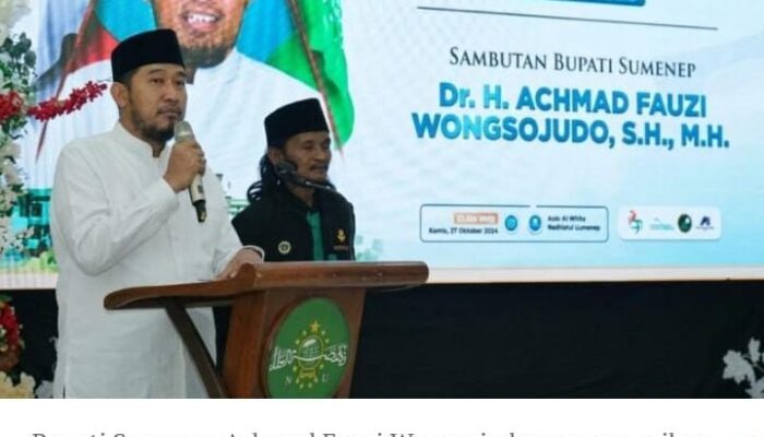 FOTO : Bupati Sumenep saat memberikan sambutan di Peringatan HSN 2026 yang digelar PCNU Sumenep.